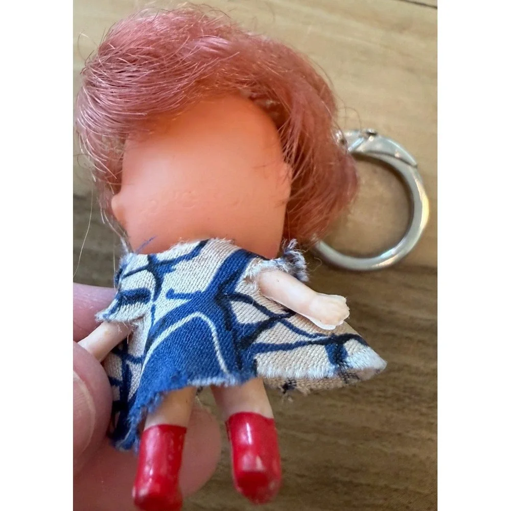 Vintage 1960s 70s Mini Doll Keychain Liddle Kiddle Style Pink Hair Red Boots